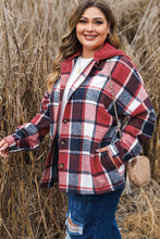 Load image into Gallery viewer, Red Printed Plus Size Plaid Button up Hooded Jacket