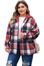 Load image into Gallery viewer, Red Printed Plus Size Plaid Button up Hooded Jacket