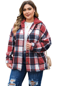 Red Printed Plus Size Plaid Button up Hooded Jacket