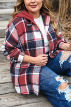 Load image into Gallery viewer, Red Printed Plus Size Plaid Button up Hooded Jacket
