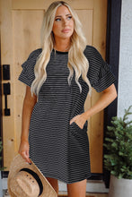 Load image into Gallery viewer, Green Stripe Ruffled Short Sleeve Crew Neck T Shirt Shift Mini Dress