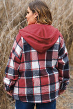 Load image into Gallery viewer, Red Printed Plus Size Plaid Button up Hooded Jacket