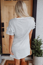 Load image into Gallery viewer, Green Stripe Ruffled Short Sleeve Crew Neck T Shirt Shift Mini Dress