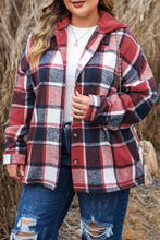 Load image into Gallery viewer, Red Printed Plus Size Plaid Button up Hooded Jacket