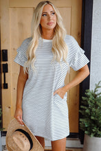 Load image into Gallery viewer, Green Stripe Ruffled Short Sleeve Crew Neck T Shirt Shift Mini Dress