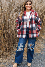 Load image into Gallery viewer, Red Printed Plus Size Plaid Button up Hooded Jacket