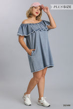 Load image into Gallery viewer, Off Shoulder Ruffled Denim Dress With Frayed Hem &amp; Pockets