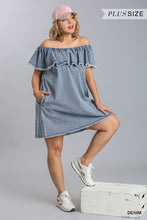 Load image into Gallery viewer, Off Shoulder Ruffled Denim Dress With Frayed Hem &amp; Pockets