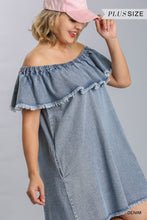 Load image into Gallery viewer, Off Shoulder Ruffled Denim Dress With Frayed Hem &amp; Pockets