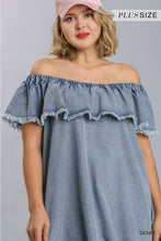 Load image into Gallery viewer, Off Shoulder Ruffled Denim Dress With Frayed Hem &amp; Pockets