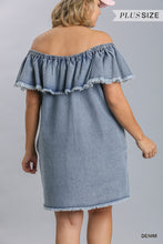Load image into Gallery viewer, Off Shoulder Ruffled Denim Dress With Frayed Hem &amp; Pockets