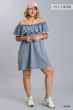 Load image into Gallery viewer, Off Shoulder Ruffled Denim Dress With Frayed Hem &amp; Pockets
